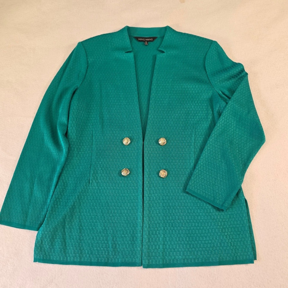 Ming Wang Teal Green Textured Knit Open Front Blazer Jacket Gold Buttons Small